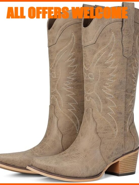 Shoes - Western Cowboy Boots with Chunky Heel, Snip Toe, Faux Leather